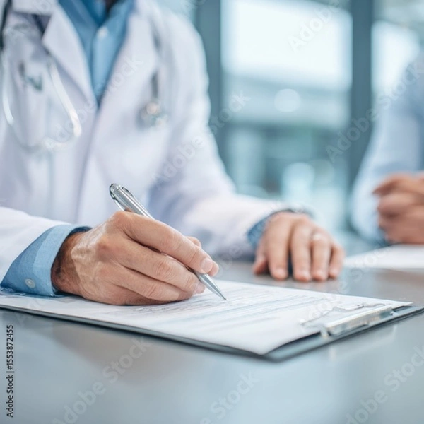 Fototapeta Dedicated Medical Professional Diligently Completing Patient Documentation, Ensuring Accurate Records and Comprehensive Healthcare Management