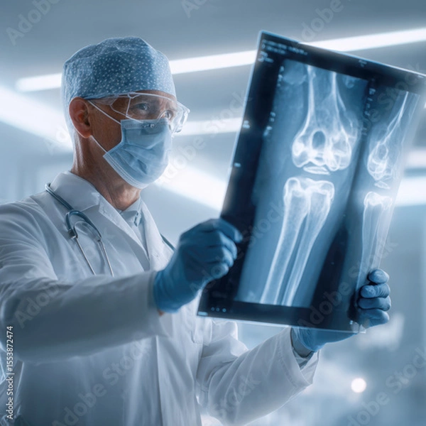 Fototapeta Experienced Radiologist Examining High-Resolution X-Ray Film for Detailed Diagnostic Analysis and Precision in Orthopedic Assessment