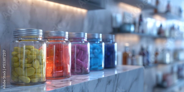 Fototapeta Modern Pharmacy Counter A Variety of Medications and Supplements on Display, Representing Healthcare, Research, and Wellness Solutions for Patients