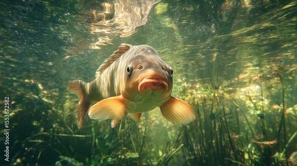 Fototapeta Underwater view of a fish swimming in a lush aquatic environment filled with plants and sunlight