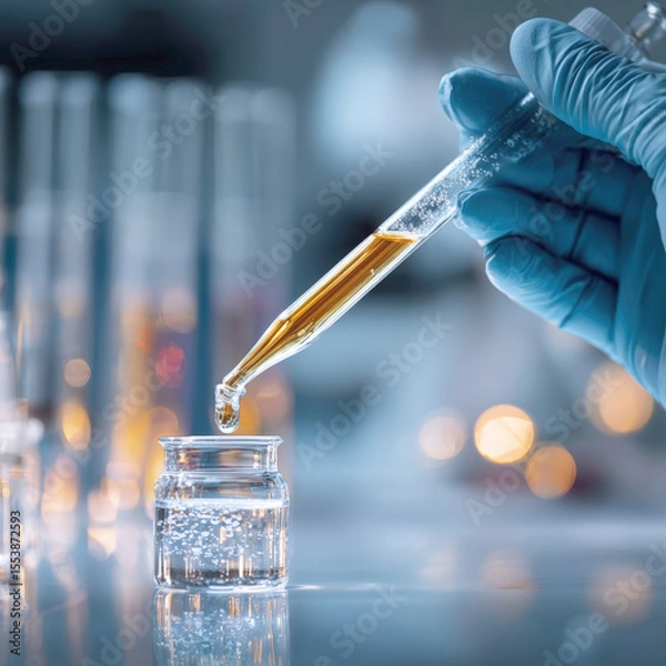 Fototapeta Precision in Progress Scientist's Hand Dispensing Liquid into Vial, Symbolizing Vaccine Development and Pharmaceutical Breakthroughs