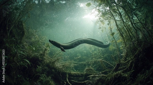 Fototapeta Eel gliding through murky waters of Amazon rainforest during midday sunlight filtering through trees