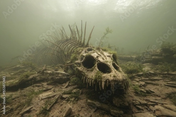 Fototapeta Mysterious underwater skeleton of a large creature resting on the riverbed in murky waters