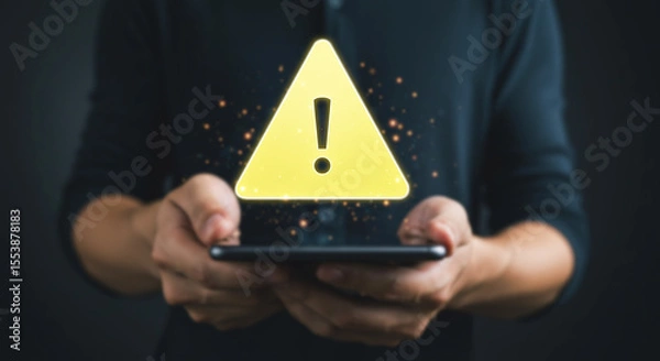 Obraz Mobile Alert: A person's hands cradle a modern smartphone, overlaid with a vivid digital hazard warning. The image conveys the immediate relevance of alerts in the digital age.