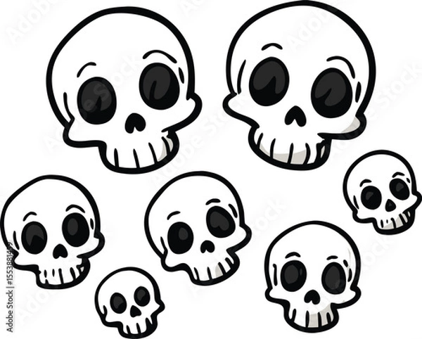 Fototapeta Playful Vector Doodle Set of Mini Skeleton Skulls with Cute and Creepy Faces – Sketchy Hand-Drawn Style

