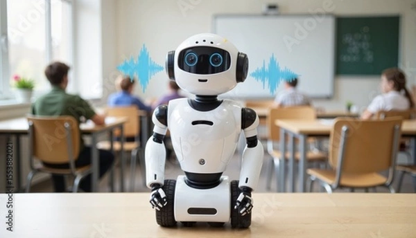 Fototapeta Cute educational robot delivering a lesson to students in a classroom setting with a blackboard, innovative concept of education technology and robotics