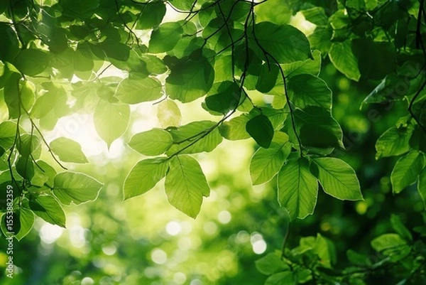 Obraz Sunlight filtering through a canopy of lush, vibrant leaves, dappled light, sense of natural tranquility, billboard aspect ratio.
