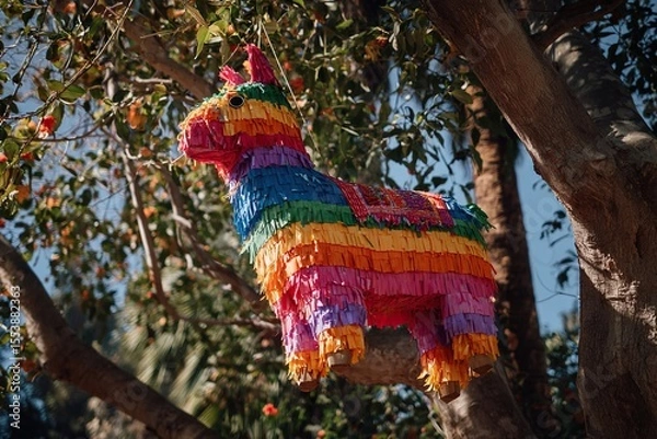 Obraz Festive colorful pinata hanging in a tree for a celebration | volcanic eruption