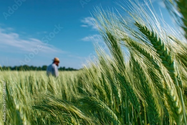 Obraz Farmer in wheat field inspecting the crop under the blue sky.