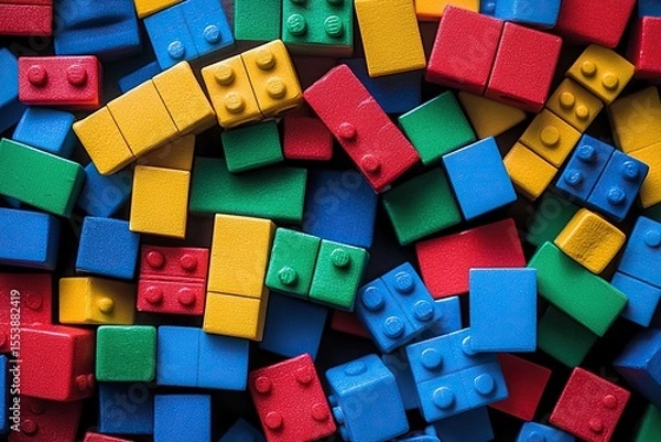 Obraz Scattered, colorful building blocks forming an abstract, playful pattern, suggesting creativity and foundational learning, billboard aspect ratio.