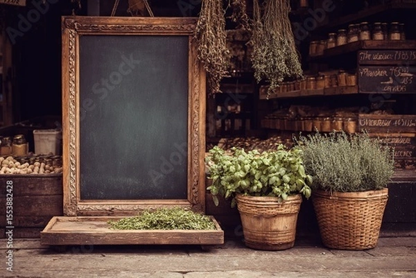 Obraz Rustic Herb Shop Signage and Potted Plants Display Outdoor