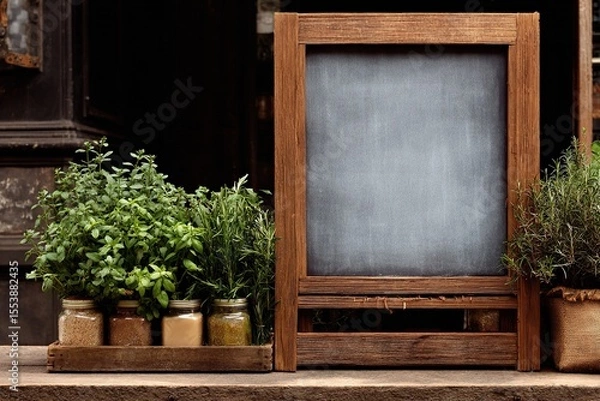 Obraz Fresh herbs and chalkboard menu sign on wooden counter.