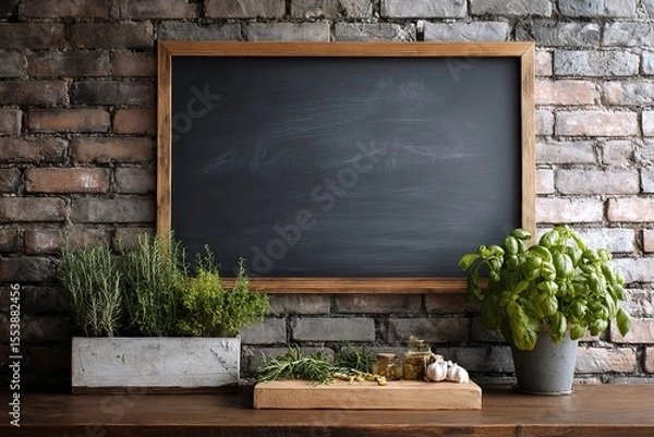 Obraz Herb garden display in front of a chalkboard and brick wall.