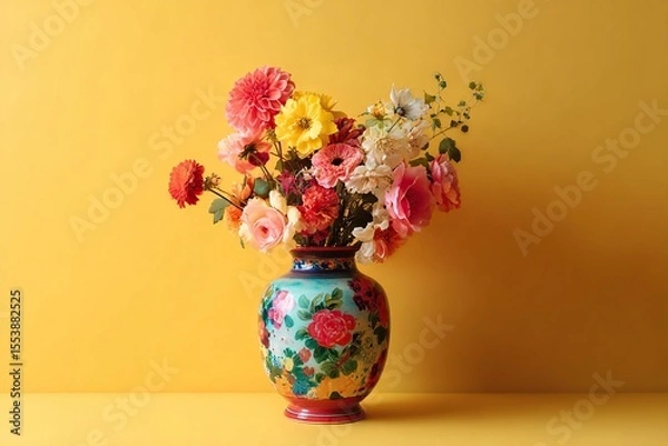 Obraz Colorful floral arrangement in patterned vintage vase on table.