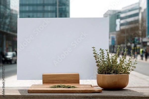 Obraz Culinary herbs arrangement on a wooden surface with blank sign.