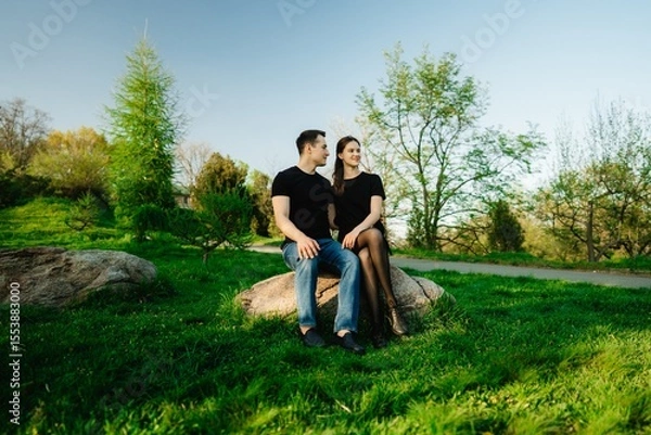 Obraz Romantic couple sharing a quiet moment on a rock in a lush green park