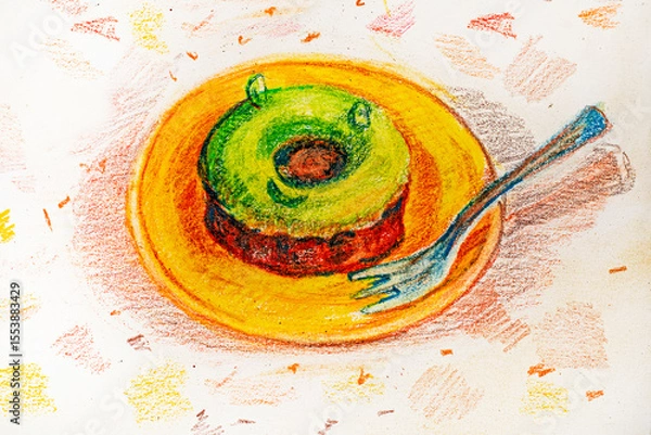 Obraz Dubai tart with pistachio cream and chocolate, illustration drawn with colored pencils
