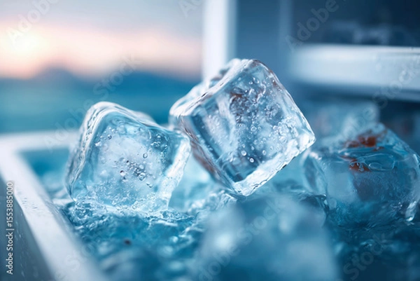 Obraz Icy cubes sit in a freezer tray, melting. A close-up shot focusing on textures and abstract shapes. Cool refreshment, summer vibes, chill concept.