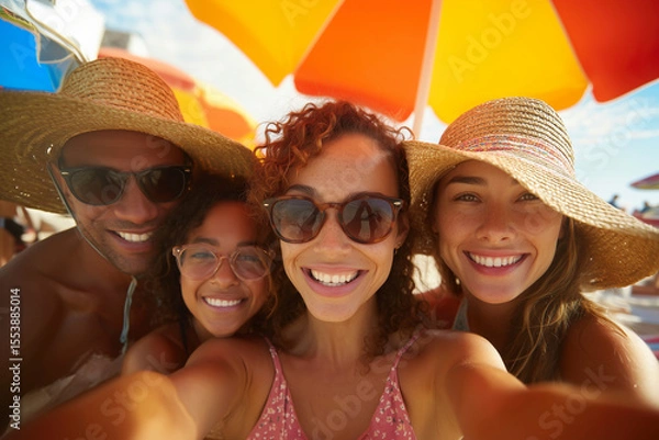 Obraz Group takes selfie at beach under colorful umbrellas in summer. A joyful, bright closeup portrait of friends. Fun in the sun, youthful spirit, sunny getaway.