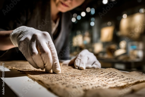 Obraz Gloved hands carefully examine an ancient scroll in a museum setting. A close-up showing the detail and fragility. Historical preservation, archival research, manuscript study.