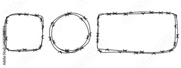 Fototapeta Set of barbed wire frames in hand-drawn sketch style. Vector design elements for military, prison, slavery or security concepts. Rough metal border illustration.