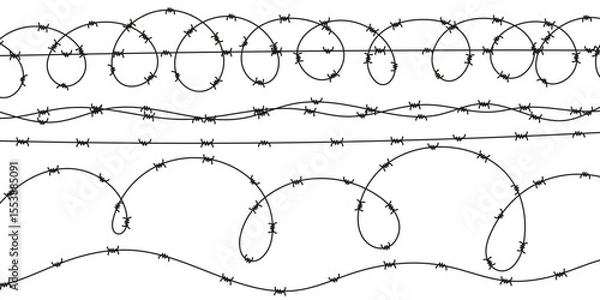 Fototapeta Set of various barbed and razor wire. Wavy security fencing in scalable vector style. Military, prison or restricted area protection design. Sharp metal border elements.