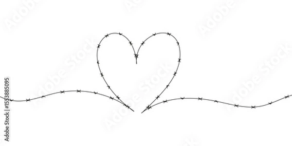 Fototapeta Barbed wire in the shape of a heart. Symbolic vector illustration for prison, pain, war, or restricted love concept. Sharp metal silhouette on white background.
