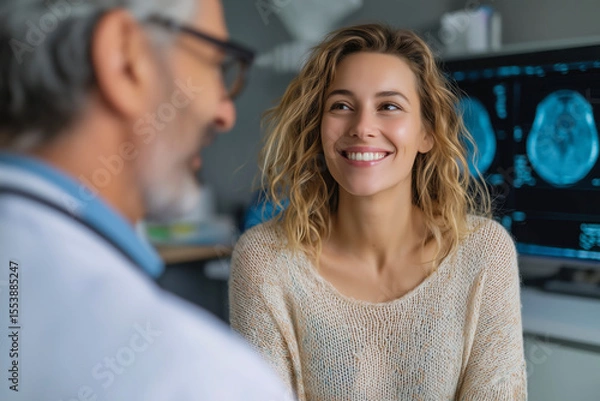 Obraz Woman smiling at her doctor in office, medical scan in background. A close up shot showing trust and relief. Patient care, healthcare solutions, positive consultation.