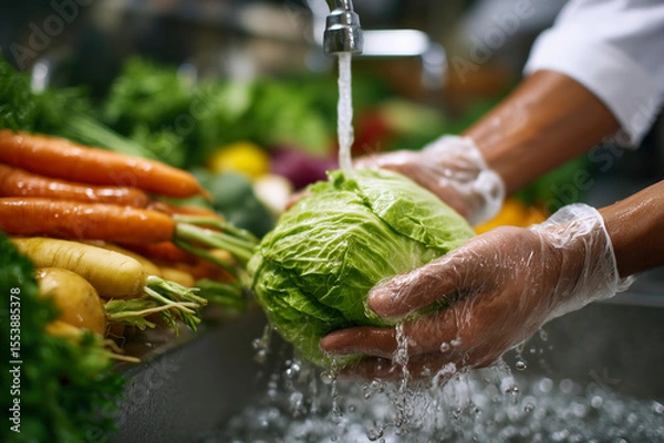 Obraz Chef washing fresh cabbage head under running water. A close-up shot showcasing the freshness. Food safety, healthy eating, kitchen hygiene.