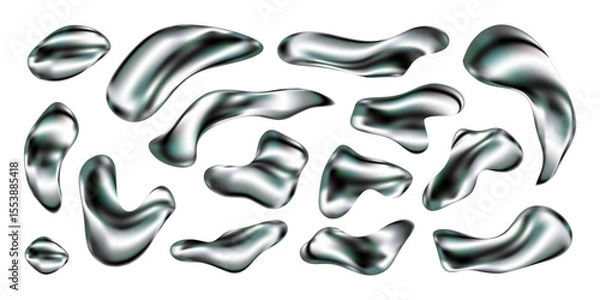 Fototapeta 3D chrome liquid shapes set. Silver metallic blobs and fluid splashes with holographic texture and glossy finish. Abstract Y2K aesthetic with futuristic organic forms. Vector isolated elements.