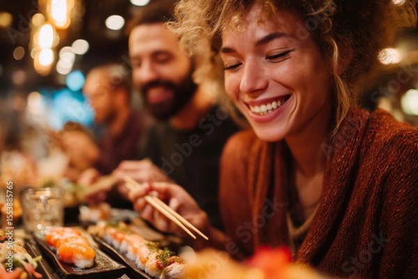 Obraz Friends at a sushi restaurant, enjoying Japanese cuisine. An intimate close-up captures genuine joy. Culinary experience, fine dining, happy gathering.