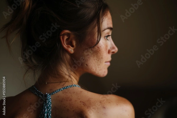 Obraz Woman poses in profile view with skin condition in studio. An intimate close-up focused on natural beauty. Self acceptance, body positivity, inner peace.