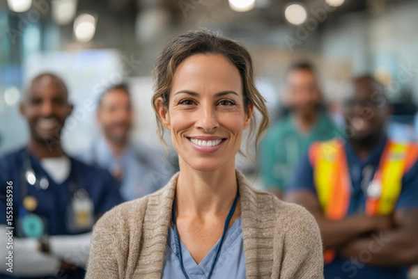 Obraz Smiling nurse with diverse team in background. A professional headshot conveying confidence and teamwork. Healthcare professionals, medical staff, workplace diversity.