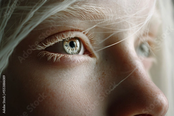 Obraz Close-up of an eye with white hair and lashes. A detailed macro shot conveying introspection. Inner beauty, personal reflection, unique perspective.