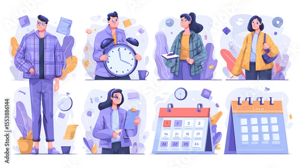 Fototapeta Schedule set. Characters using artificial intelligence generative tools for time management. Scheduling, task performance, calendar organizing concept. 