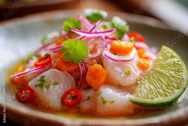 Obraz Fresh ceviche dish with lime, onions and chili pepper on plate. A delicious seafood appetizer with vibrant colors. Culinary delight, gourmet food, healthy eating.