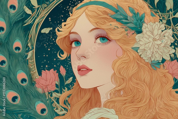 Obraz Portrait of a woman with flowers and peacock feathers.. An artistic rendering filled with beauty and detail.. Floral design, art nouveau, whimsical.