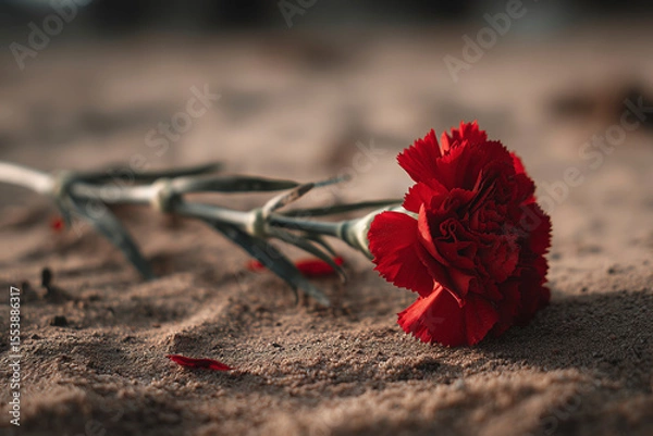 Obraz A red carnation lies on sandy ground, delicate petals scattered. A poignant still life evoking memory and loss. Remembrance, tribute, memorial.