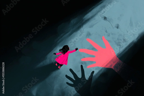 Obraz Little girl reaching for a helping hand in the darkness. An artistic rendering of guidance and support. Hope, childhood, insecurity.