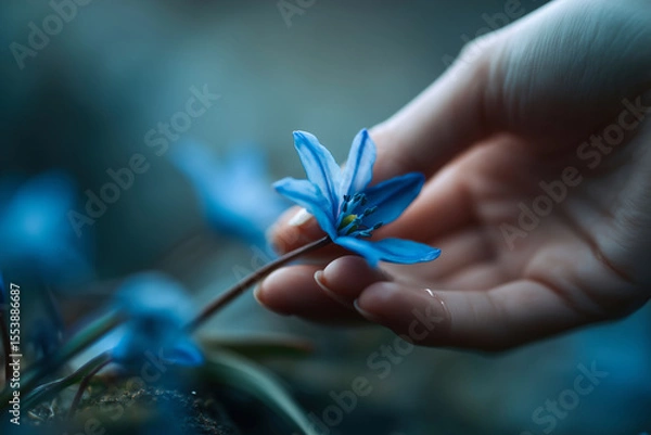Obraz Hand gently holds a blue Scilla flower in a garden setting. A close-up shot of a tender moment with nature. . Spring awakening, floral beauty, natural elegance.