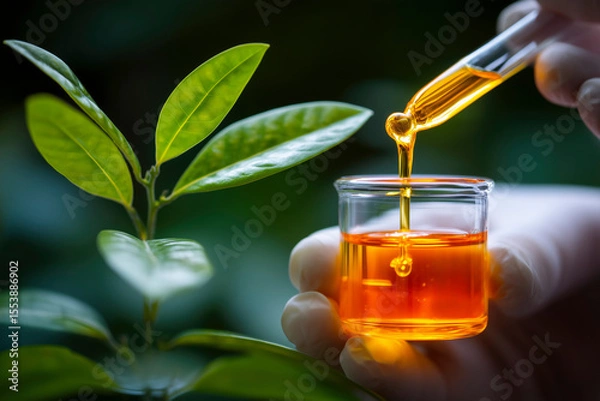 Obraz Researcher adds extract with pipette to beaker, on blurred background. Close up of alternative medicine research in laboratory. Herbal medicine, natural organic cosmetics, science.