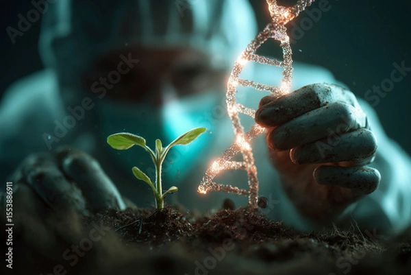 Obraz Lab worker examining plant DNA in soil. Close-up shot highlighting the scientific experiment and innovation. Genetic engineering, sustainable agriculture, scientific discovery.