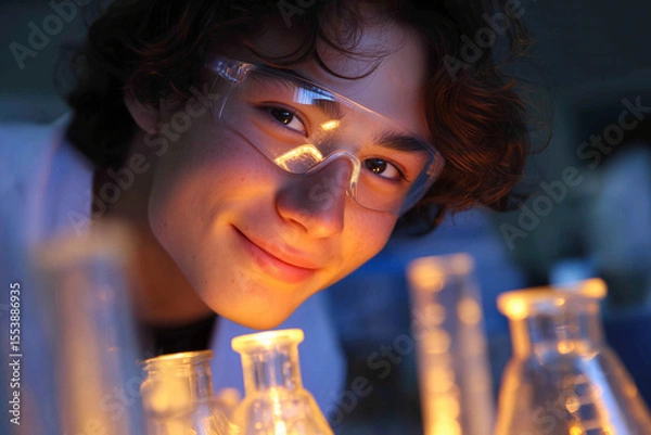Obraz Young scientist in lab coat and safety goggles. An intimate portrait of discovery and curiosity. Scientific research, lab equipment, academic success.
