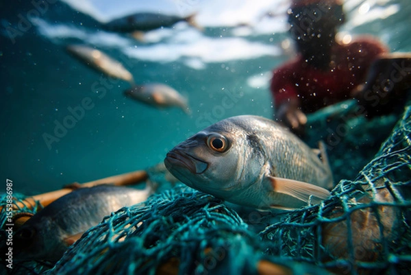 Obraz Underwater shot of silver fish caught in net near surface. A close-up picture of marine life and commercial fishing. Sustainable seafood, ocean conservation, environmental impact.