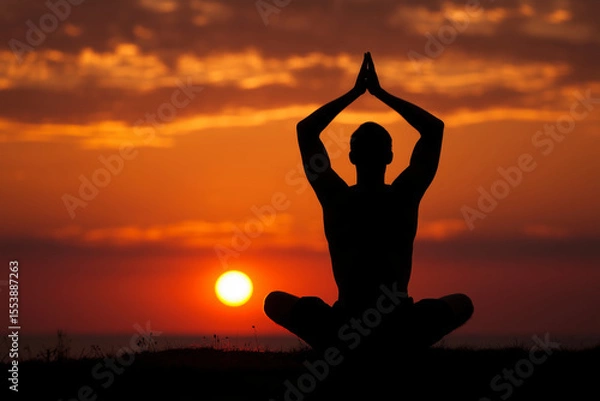 Obraz Silhouette of a person doing yoga in lotus pose against a dramatic sunset. A serene and spiritual shot of inner peace and balance. Meditation, mindfulness, healthy lifestyle.