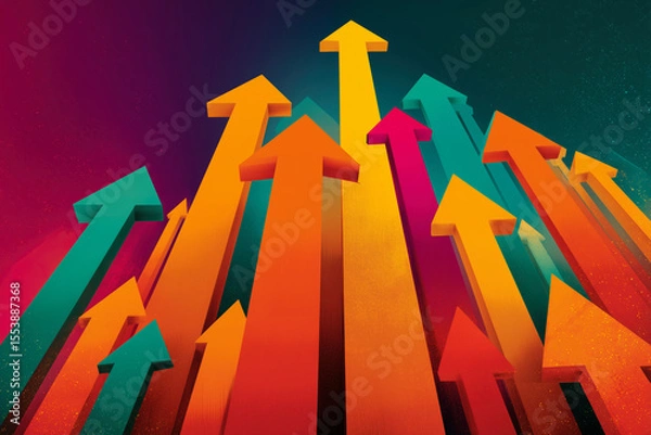 Obraz Group of colorful arrows pointing upward against a textured background. A visual representation of growth and progression. Business success, positive trend, upward mobility.