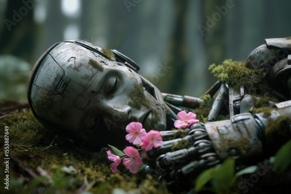 Obraz Robot rests in a forest, covered in moss and holding pink flowers. A symbolic and evocative medium shot. Hopeful future, technological dystopia, artificial intelligence.