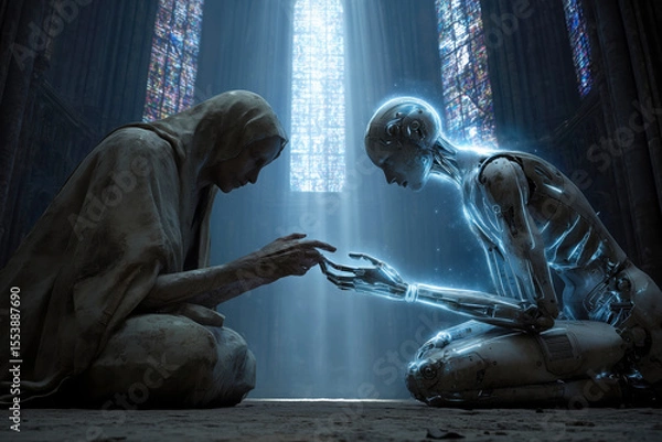 Obraz Humanoid and robot touching hands in cathedral. Evocative scene symbolizing unity and future. Artificial intelligence, transhumanism, technological innovation.