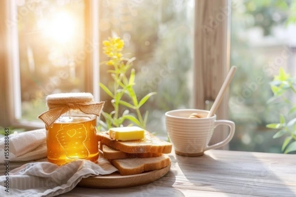 Fototapeta Healthy breakfast with honey, toast and butter near window during sunrise