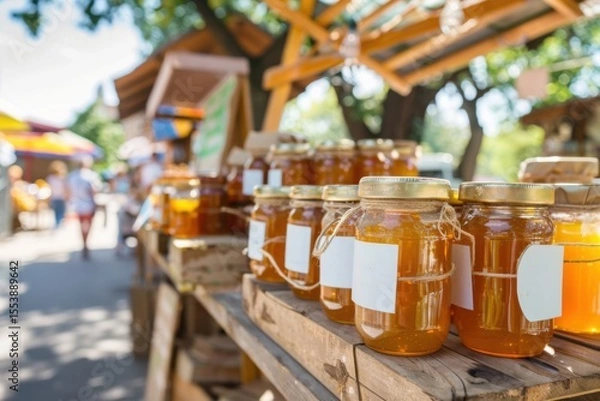 Fototapeta Jars of honey on display at a farmers market are waiting for customers